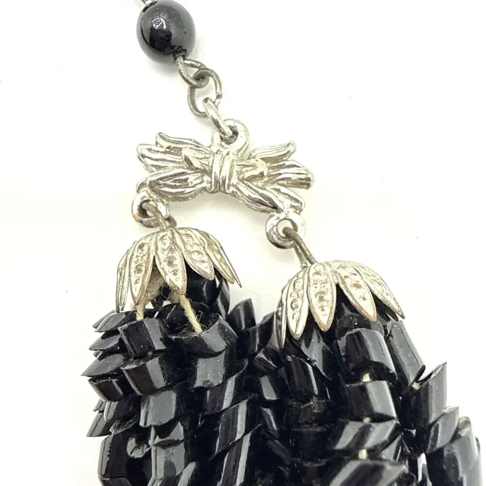Vintage Black Multi Strand Glass Chip Bead Choker Necklace Runway Statement 18